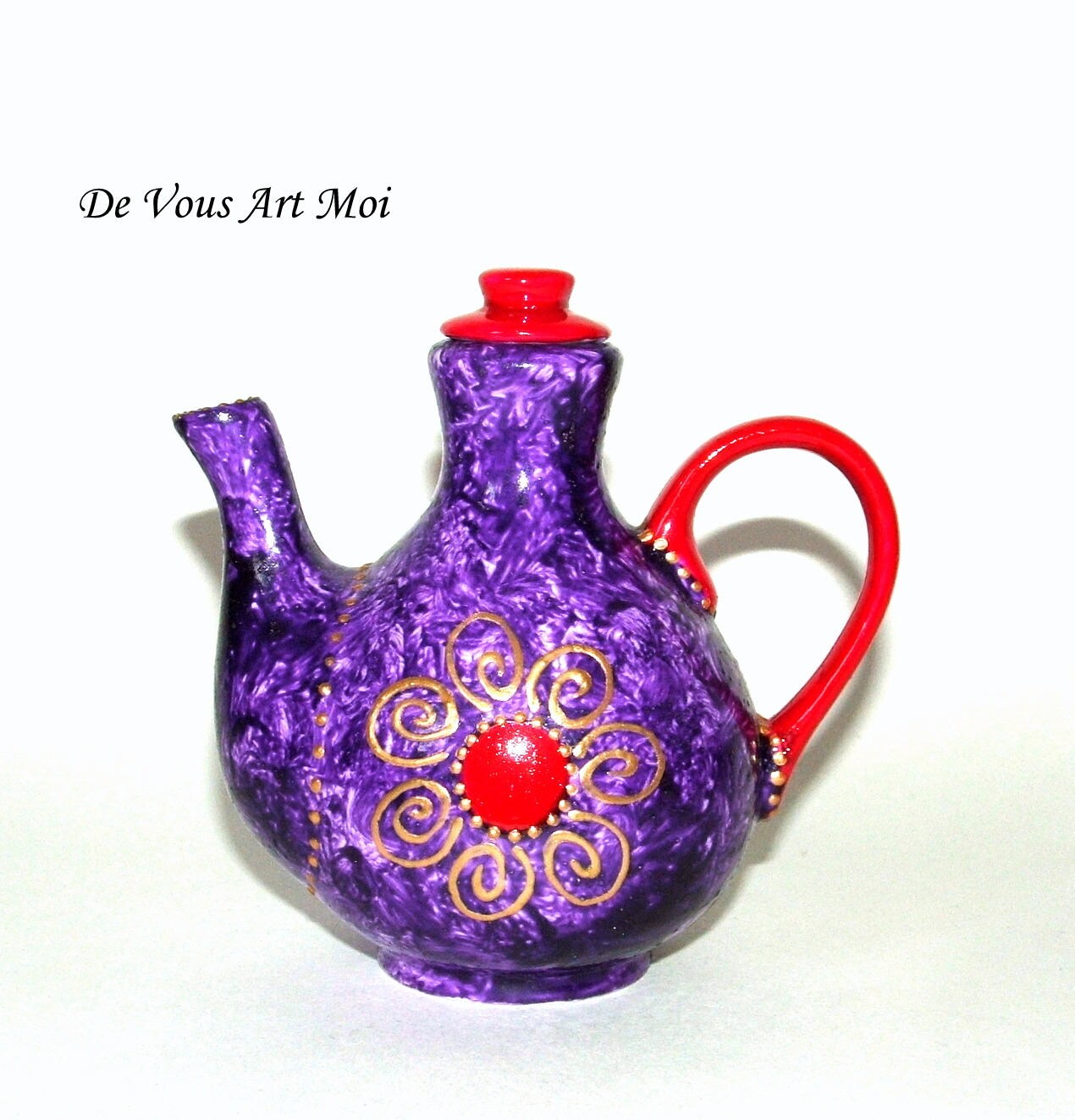 Little teapot painted purple red porcelain, hand painted, colorful