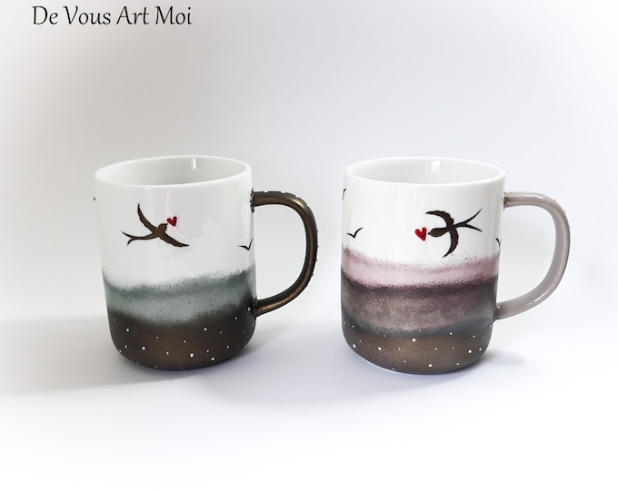 Mug céramique porcelaine cadeau duo tasses thème oiseaux peint main artisanal