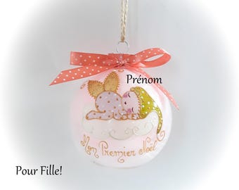 Boule de noël premier noël bébé fille naissance personnalisé mon premier noël fée ange lutine verre illustration peinte main artisanale