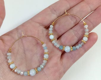 Creole earrings with aquamarine natural stone, 35mm, gold plated, handmade