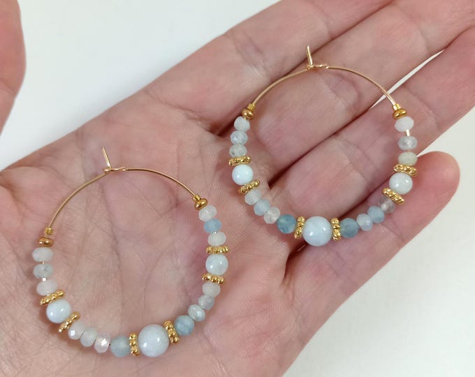 Creole earrings with aquamarine natural stone, 35mm, gold plated, handmade