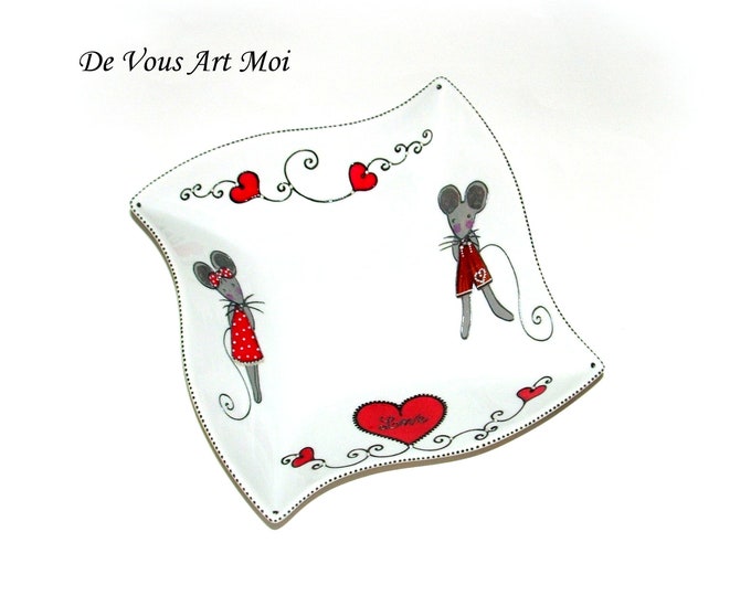 Plat carré porcelaine,vide poche porcelaine peinte,fait main,couple de souris,plat de présentation,plat pain toast,plat mariage amoureux