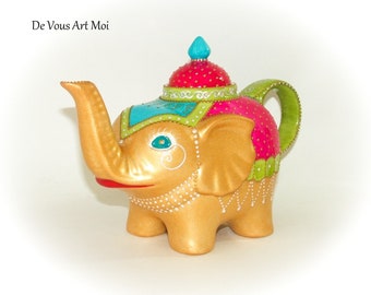 Original hand-painted, colorful ceramic elephant teapot