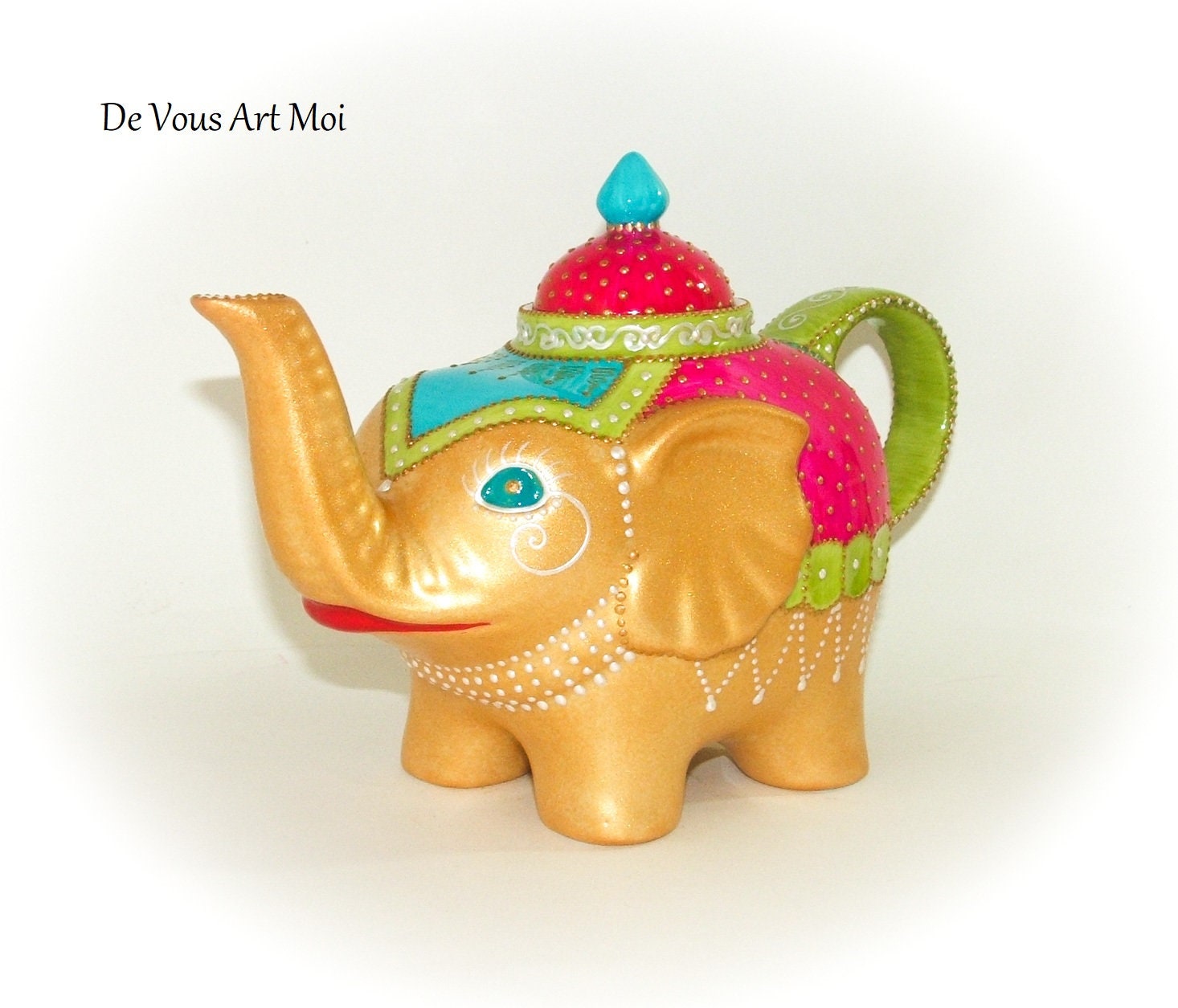 Théière Eléphant Porcelaine Colorée, Peinte Main, Théière Artisanale Originale