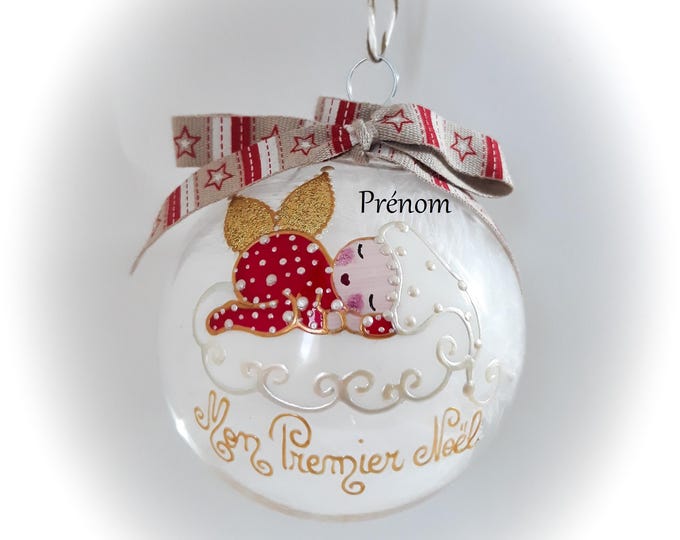 Boule de noël bébé mon premier noël garçon prénom personnalisé bébé lutin ange de noël peint main