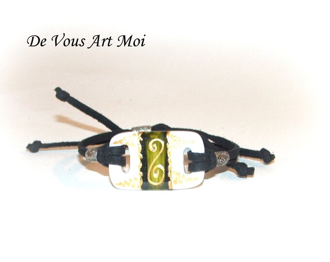 Bracelet Homme,fait main, plaque en porcelaine peinte à la main,daim cuir ajustable,bracelet artisanal,bracelet mixte