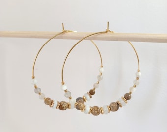 Moonstone and jasper landscape hoop earrings, 50mm, gold plated, handmade