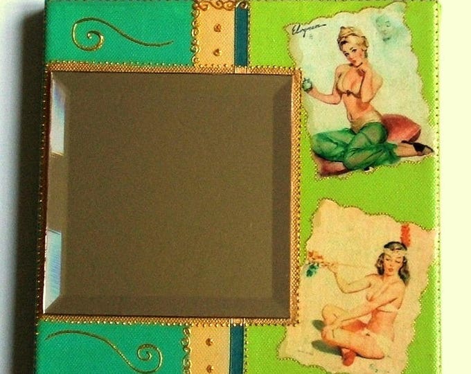 Miroir pin-up sur châssis entoilé,miroir rond tableau,tableau pin-up miroir,décoration rétro vintage,décoration murale pin-up,fait main