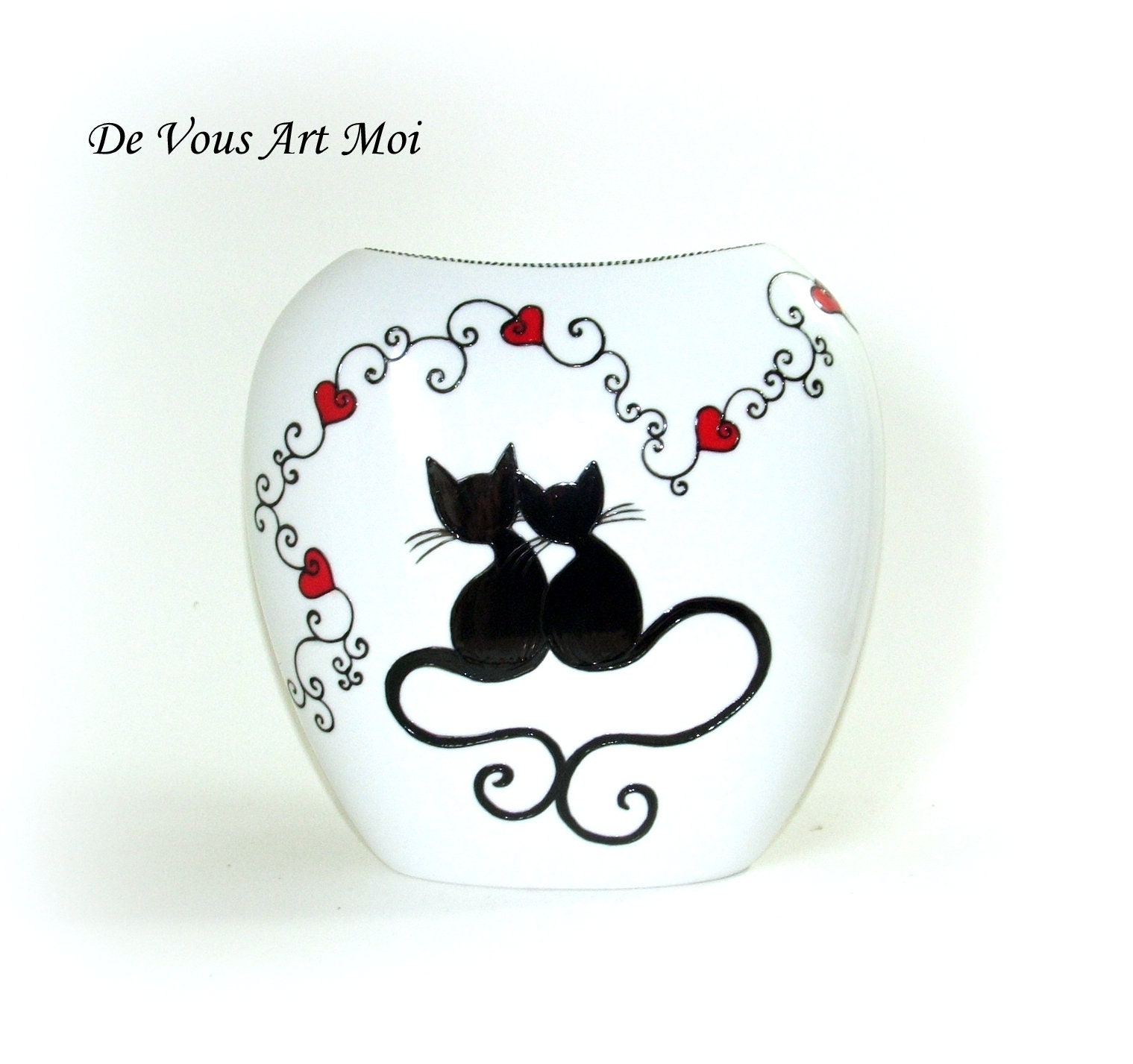 Vase Porcelaine Couple Chat, Fait Main, Décoration Illustration Chat Noir, Artisanal