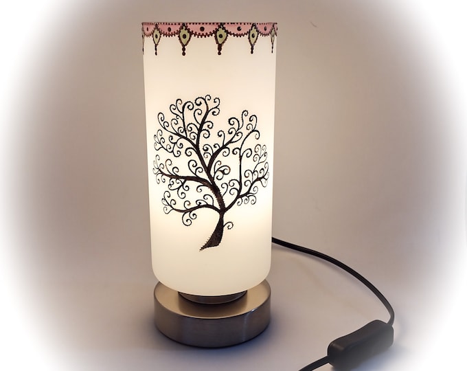 Lampe à poser lanterne originale colorée verre peint main cadeau arbre de vie yoga méditation