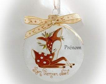 Boule de noël naissance mon premier noël personnalisée illustration faon fait main artisanale