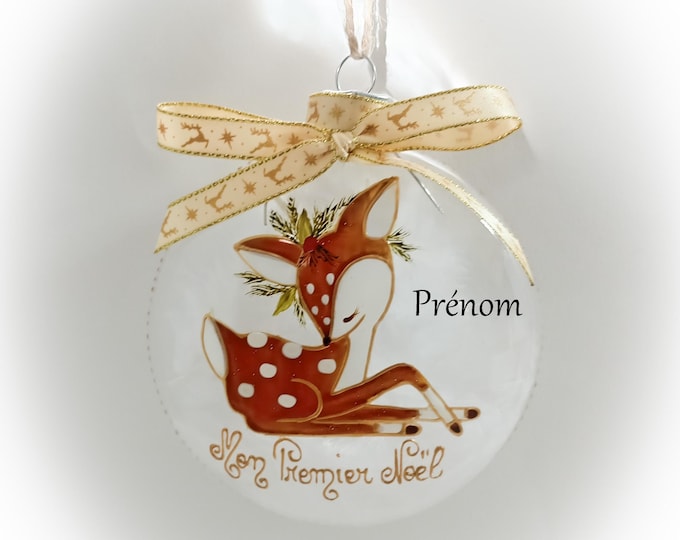 Boule de noël naissance mon premier noël personnalisée illustration faon fait main artisanale