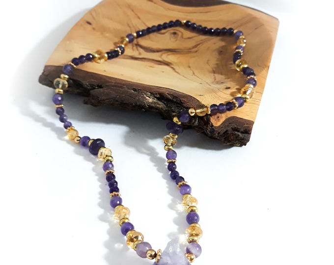 Collier perle pierres Améthyste et Citrine plaqué or 24K fait main artisanale