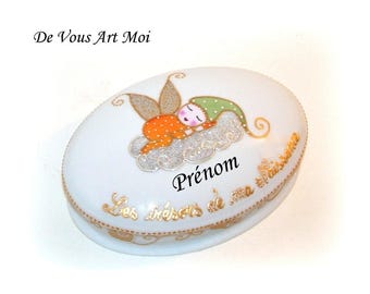 Boite porcelaine bébé,coffret peint ange lutin,coffret cadeau naissance bébé garçon