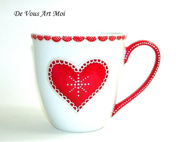 Gros mug tasse grande contenance illustration coeur porcelaine décorée main artisanal