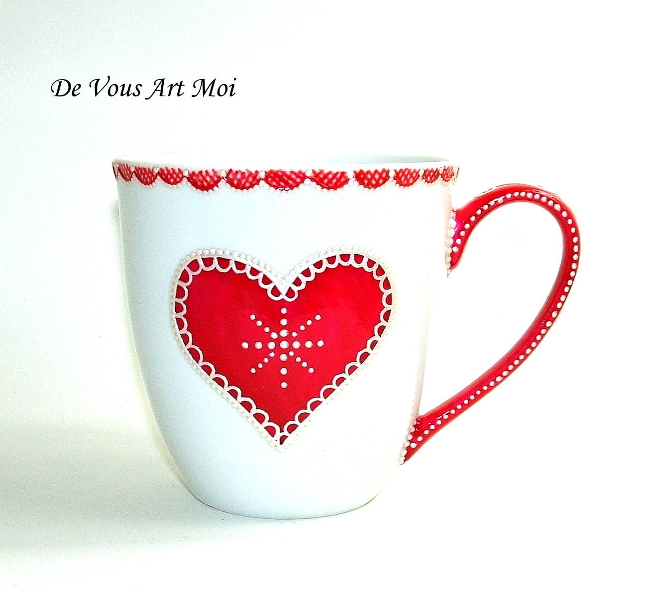 Gros Mug Porcelaine, Fait Main, Tasse de Noël, Mug Jumbo Cœur, Tasse Porcelaine, Rouge Blanc, Peint 