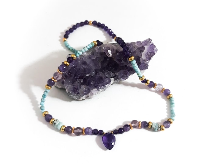 Collier Larimar Améthyste pierre semi précieuse plaqué or artisanal