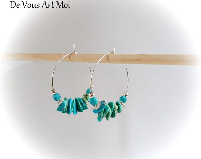 Créoles originales Turquoise pierre semi précieuse naturelle argent 925 artisanal