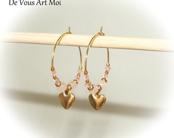 Handmade rose quartz natural stone hoop earrings, 25mm, gold plated heart design