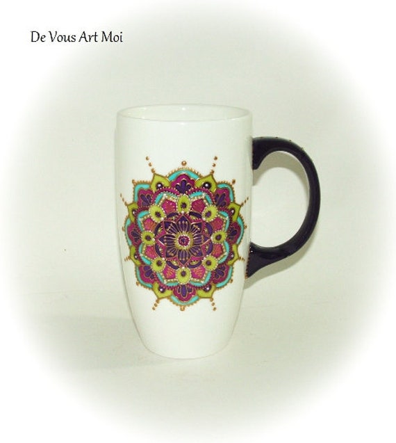 Mug Tasse Porcelaine Céramique, Cadeau Thème Mandala, Mug Original Grande Contenance, Fait Main Arti