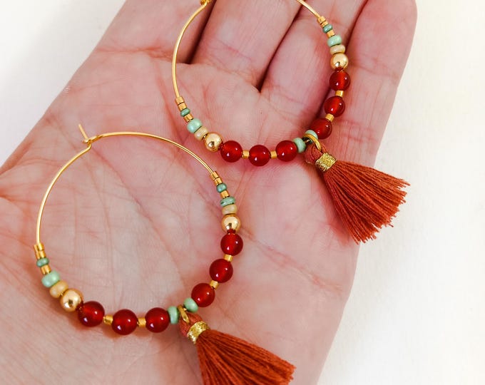 Handmade carnelian natural stone hoop earrings, 35mm, gold plated