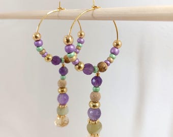 Amethyst, citrine, opal, and jasper landscape natural stone hoop earrings, gold-plated, handcrafted, handmade