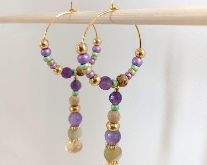 Amethyst, citrine, opal, and jasper landscape natural stone hoop earrings, gold-plated, handcrafted, handmade