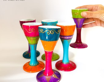Original hand-painted colored ceramic egg cups, set of 6 tall, pedestaled, handmade porcelain egg cups