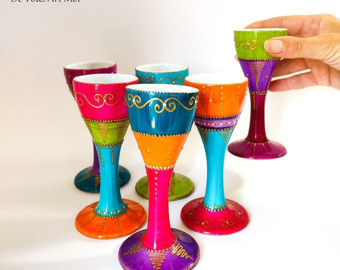 Original hand-painted ceramic egg cups, set of 6 tall, pedestaled egg cups, handmade porcelain