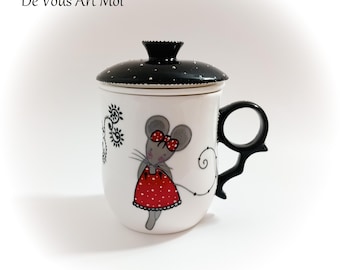 Mug Théière tisanière filtre céramique mug tasse porcelaine couvercle peint main artisanal