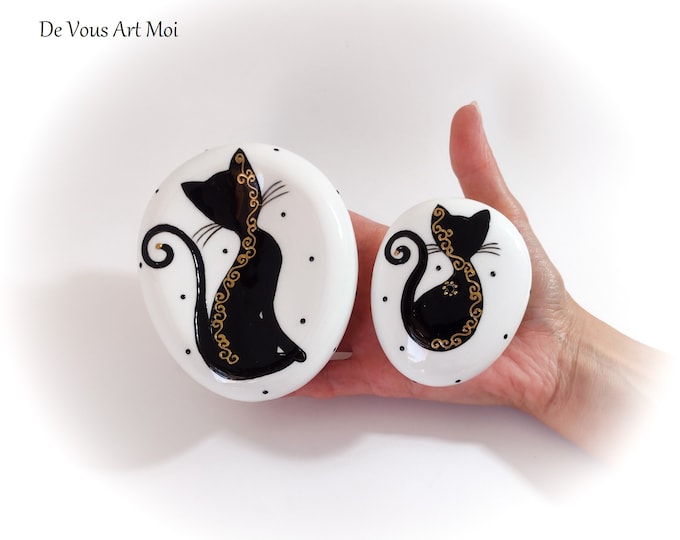 Salière Poivrière originale porcelaine céramique galet cadeau thème chat artisanal fait main