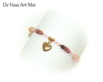 bracelet plaqué or coeur pierre semi précieuse quartz rose rhodonite artisanal