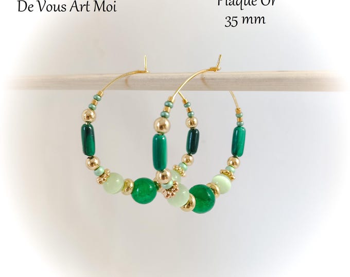 Créoles boucle d'oreille jade malachite et œil de chat naturelle 35mm plaqué or artisanales