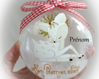 Boule de noël mon premier noël personnalisée faon boule naissance noël illustration faon fait main artisanale