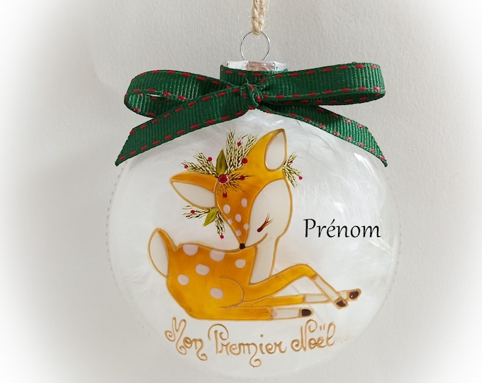 Boule de noël mon premier noël personnalisée boule naissance noël illustration faon fait main artisanale