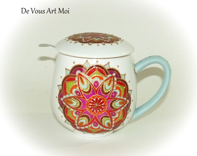 Mug tasse théière tisanière,mug porcelaine filtre couvercle,peint main artisanal