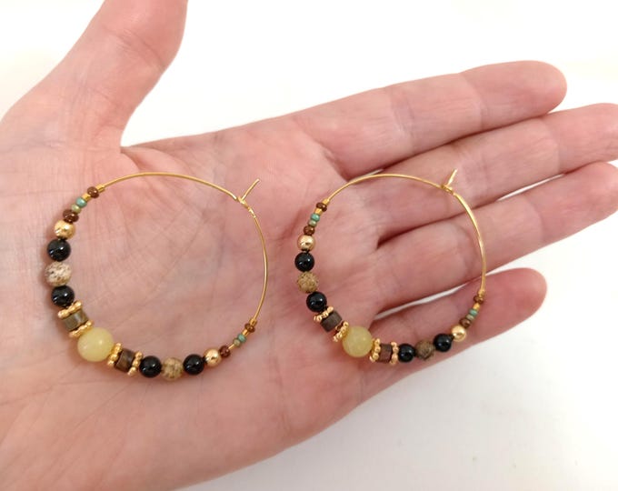 Handmade 40mm gold-plated, multicolored natural stone hoop earrings with natural stones