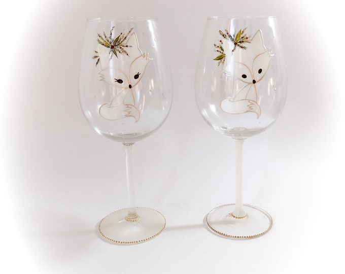 Verres à vin cadeau duo couple grand verre motif renard blanc fait main verre artisanal peint main