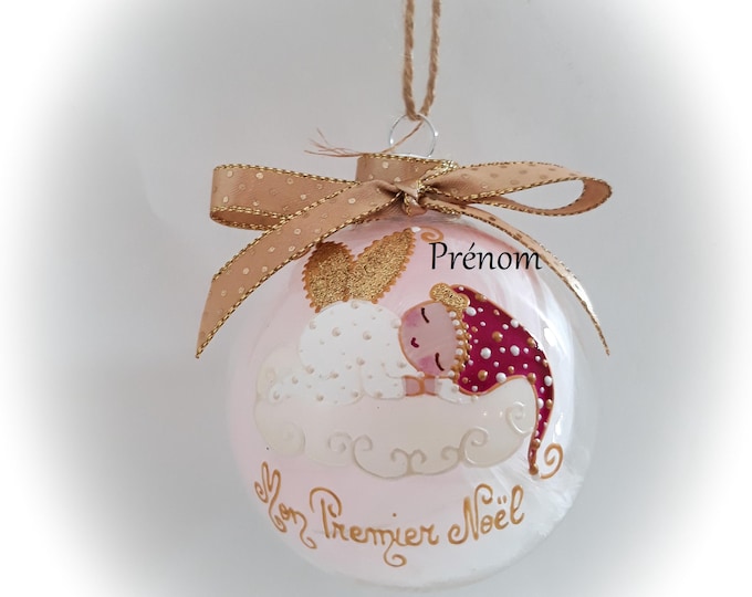 Boule premier noël bébé personnalisé mon premier noël fée ange lutine verre illustration peinte main artisanale