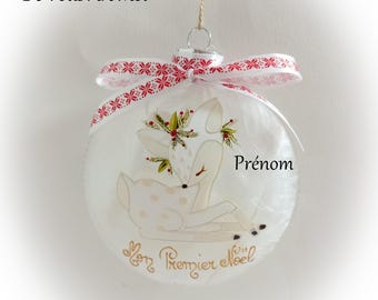 Boule de noël personnalisée mon premier noël verre illustration faon fait main artisanale