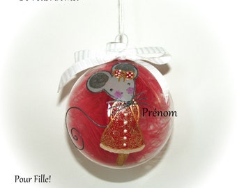 Boule de noël personnalisée fille cadeau Noël personnalisé prénom enfant illustration souris peinte main artisanale