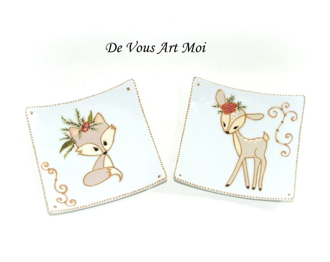 Vide poche thème noël,duo coupelle renard biche,peint main artisanal