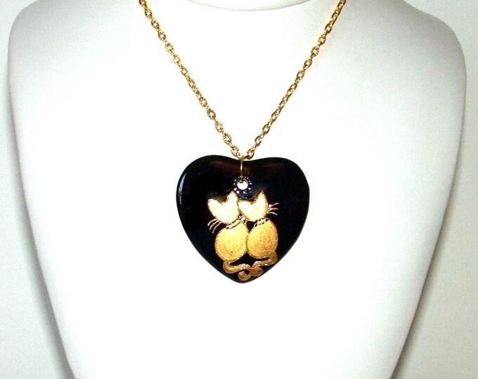 Collier chaine femme,pendentif coeur chat,peint à la main,collier couple chat,noir et or,collier fait main,cadeau amoureux