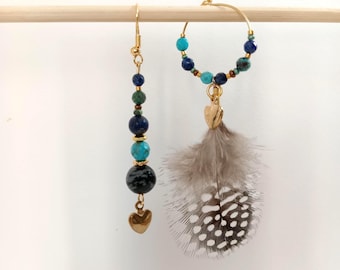 Handmade asymmetrical feather earrings with semi-precious stones and gold plating