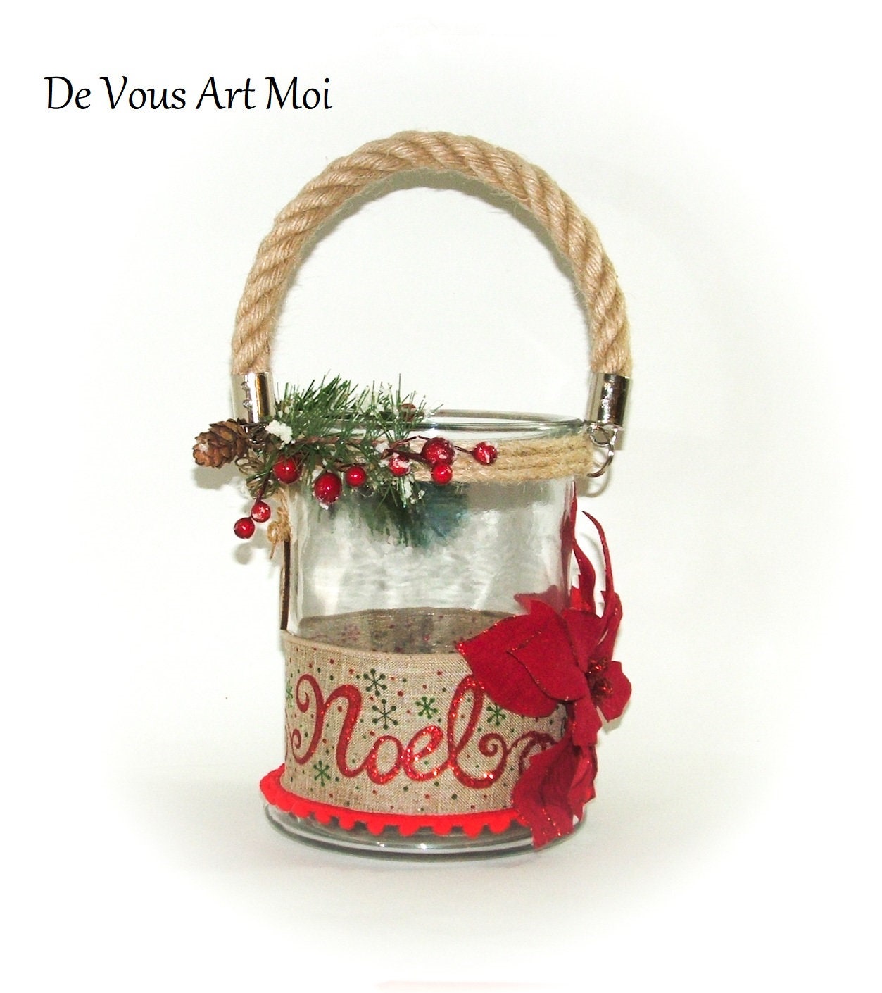 Grand Photophore Noël Verre, Lanterne Artisanale Bougeoir Noël, Fait Main, Décoration Table Noël