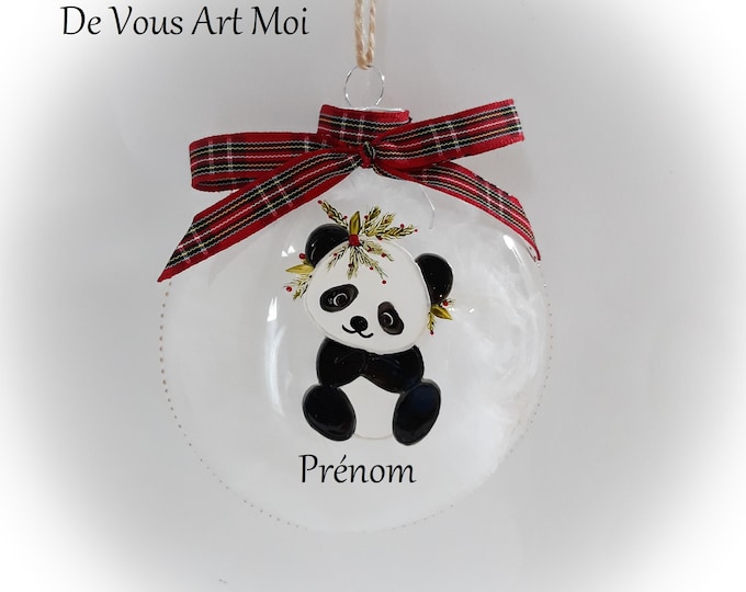 Boule de noël panda naissance personnalisée verre peinte à la main artisanale