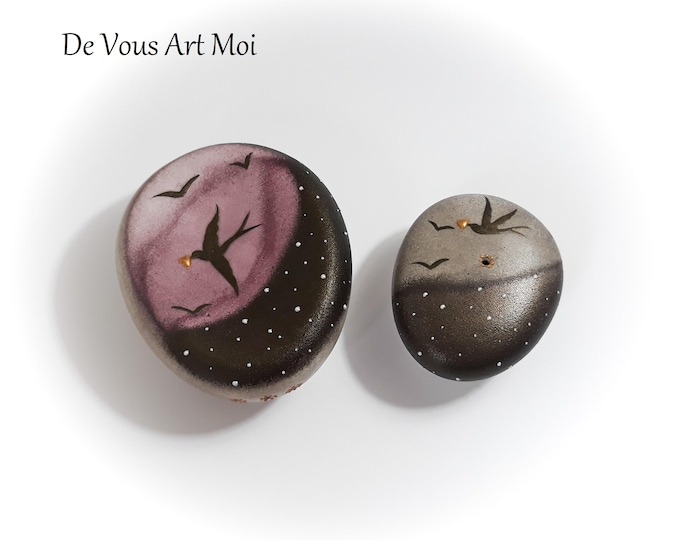 Salière Poivrière porcelaine céramique galet oiseaux naturel peint main artisanal