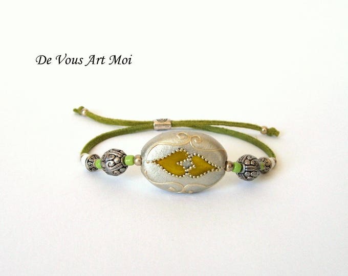 Bracelet femme vert,bracelet bohème,Perle Ovale,en Porcelaine peinte main,bracelet fait main,daim cuir ajustable