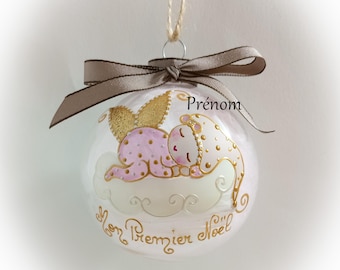 Boule de noël premier noël naissance fille personnalisé fée ange lutine verre illustration peinte main artisanale