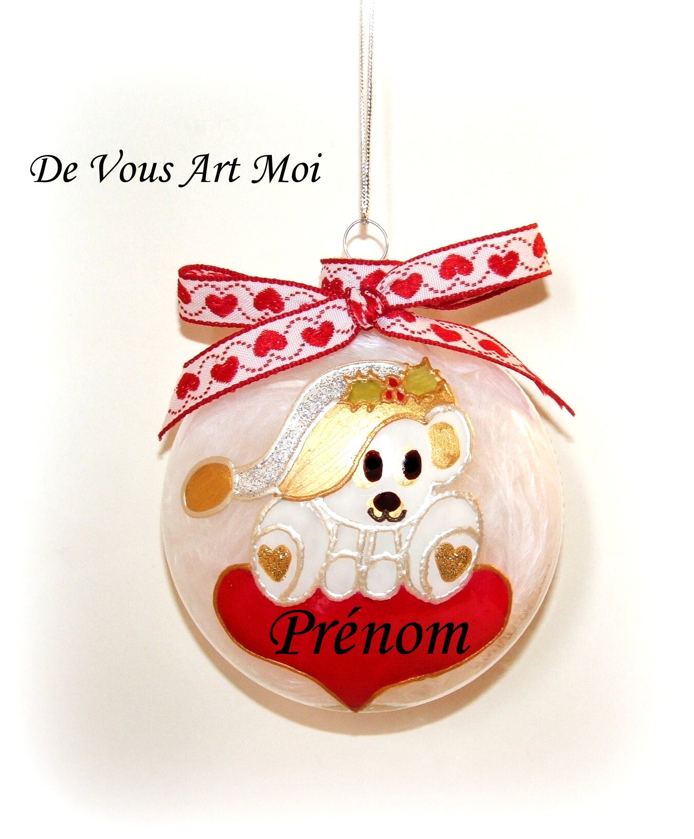 Boule Noël Personnalisée Bébé, Boule Ourson Blanc Noël, Verre Peinte Main Artisanal